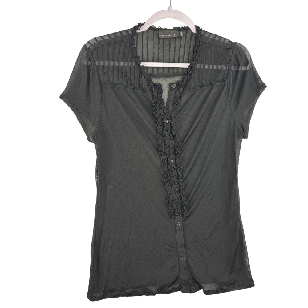 The Limited Black Sheer Mesh Ruffle Button Front Blouse Pleated Yoke Large 04/08